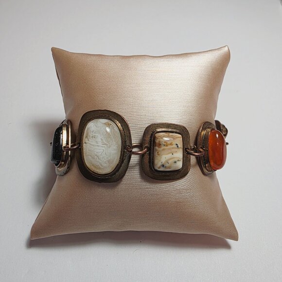 Vintage Multi-Stone Statement Bracelet | Bronze Tone Boho Chunky Link Design - Picture 2 of 7